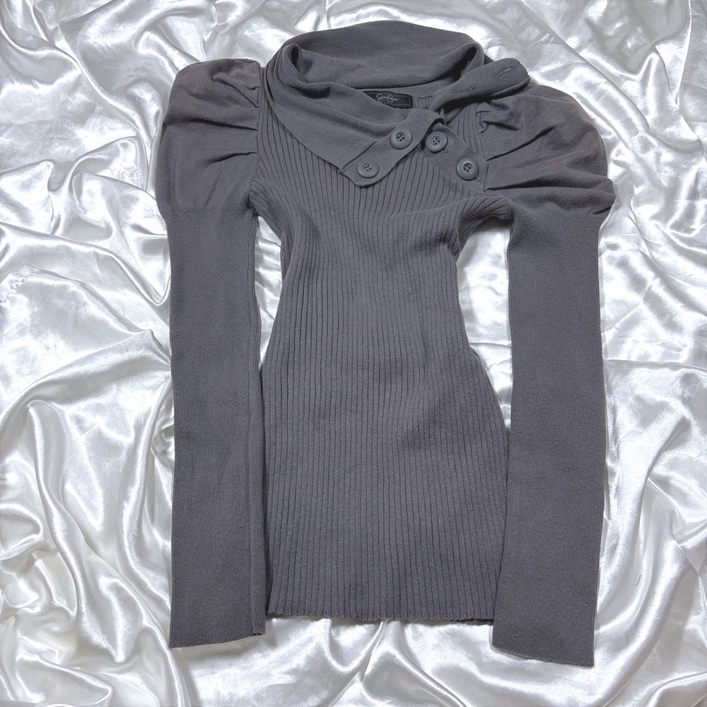 y2k Sweater Gray Excellent Jessica Simpson Puff Shoulder Ribbed Button Collar